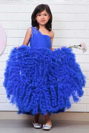 Buy_Pinkcow designs pvt ltd_Blue Tulle, Crepe, Linen Draped One Shoulder Ruffled Gown _Online_at_Aza_Fashions
