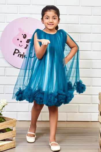 Buy_Pinkcow designs pvt ltd_Blue Tulle, Neoprene, Crepe Lined Dress _at_Aza_Fashions