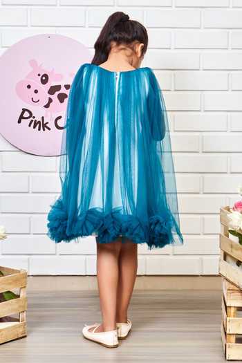 Shop_Pinkcow designs pvt ltd_Blue Tulle, Neoprene, Crepe Lined Dress _at_Aza_Fashions