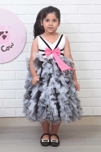 Buy_Pinkcow designs pvt ltd_Black Tulle, Velvet, Cotton Bows, Fabric Flowers Ruffle Embellished Dress _at_Aza_Fashions
