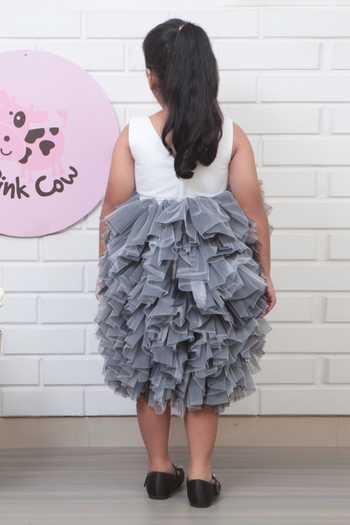 Shop_Pinkcow designs pvt ltd_Black Tulle, Velvet, Cotton Bows, Fabric Flowers Ruffle Embellished Dress _at_Aza_Fashions