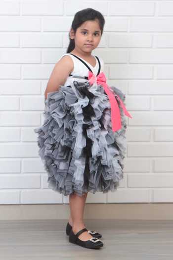Pinkcow designs pvt ltd_Black Tulle, Velvet, Cotton Bows, Fabric Flowers Ruffle Embellished Dress _Online_at_Aza_Fashions