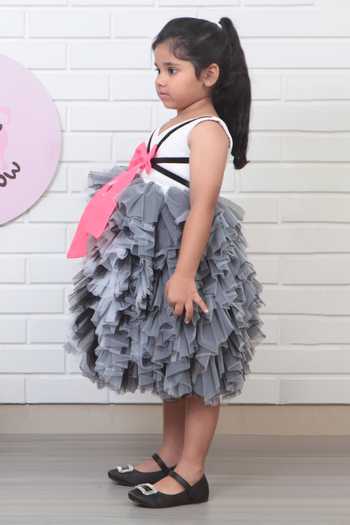 Buy_Pinkcow designs pvt ltd_Black Tulle, Velvet, Cotton Bows, Fabric Flowers Ruffle Embellished Dress _Online_at_Aza_Fashions