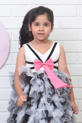 Pinkcow designs pvt ltd_Black Tulle, Velvet, Cotton Bows, Fabric Flowers Ruffle Embellished Dress _at_Aza_Fashions