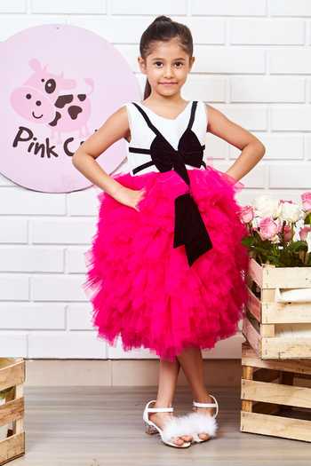 Buy_Pinkcow designs pvt ltd_Black Tulle, Velvet, Cotton Bows Layered Ruffle Dress _at_Aza_Fashions