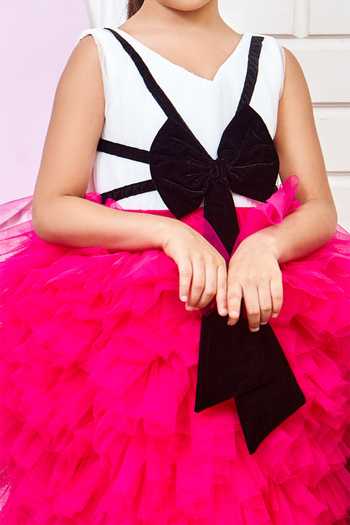 Shop_Pinkcow designs pvt ltd_Black Tulle, Velvet, Cotton Bows Layered Ruffle Dress _Online_at_Aza_Fashions