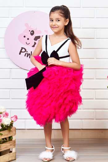 Pinkcow designs pvt ltd_Black Tulle, Velvet, Cotton Bows Layered Ruffle Dress _at_Aza_Fashions