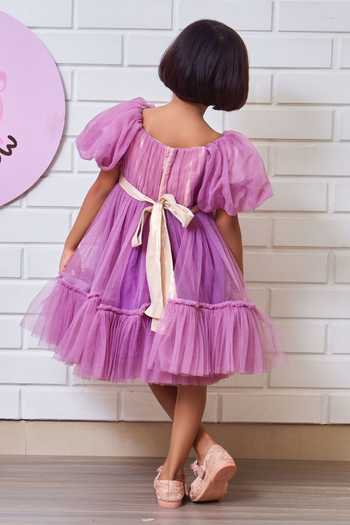 Shop_Pinkcow designs pvt ltd_Purple Net, Cotton, Crepe Sequins Solid Puffed Sleeve Dress _at_Aza_Fashions