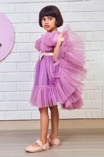 Pinkcow designs pvt ltd_Purple Net, Cotton, Crepe Sequins Solid Puffed Sleeve Dress _Online_at_Aza_Fashions