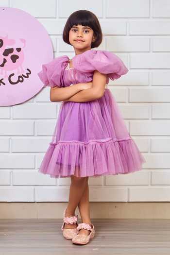 Shop_Pinkcow designs pvt ltd_Purple Net, Cotton, Crepe Sequins Solid Puffed Sleeve Dress _Online_at_Aza_Fashions