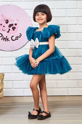 Shop_Pinkcow designs pvt ltd_Blue Net, Cotton Sequins Solid Puffed Sleeve Dress _at_Aza_Fashions