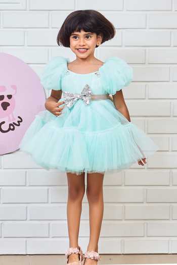 Buy_Pinkcow designs pvt ltd_Blue Net, Crepe Sequins Solid Puffed Sleeve Dress _at_Aza_Fashions