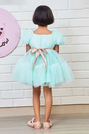 Shop_Pinkcow designs pvt ltd_Blue Net, Crepe Sequins Solid Puffed Sleeve Dress _at_Aza_Fashions