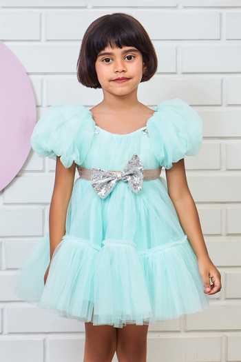 Pinkcow designs pvt ltd_Blue Net, Crepe Sequins Solid Puffed Sleeve Dress _Online_at_Aza_Fashions