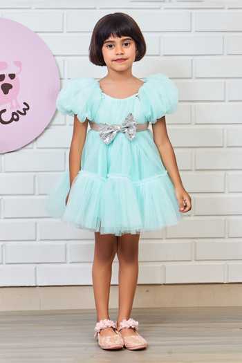 Buy_Pinkcow designs pvt ltd_Blue Net, Crepe Sequins Solid Puffed Sleeve Dress _Online_at_Aza_Fashions