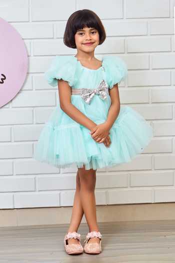 Shop_Pinkcow designs pvt ltd_Blue Net, Crepe Sequins Solid Puffed Sleeve Dress _Online_at_Aza_Fashions