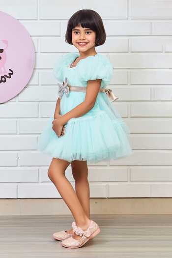 Pinkcow designs pvt ltd_Blue Net, Crepe Sequins Solid Puffed Sleeve Dress _at_Aza_Fashions