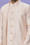 Shop_Aryavir Malhotra_Peach Art Banarasi Silk Embroidered Thread Kurta Set With Long Bundi _Online_at_Aza_Fashions