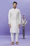 Aryavir Malhotra_Off White Art Banarasi Silk Embroidered Thread Kurta Set With Bundi _Online_at_Aza_Fashions