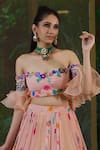 Amit Sachdeva_Peach Organza Print Floral Sweetheart Embroidered Off Shoulder Top With Skirt_Online_at_Aza_Fashions
