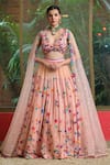 Buy_Amit Sachdeva_Peach Georgette Print Floral Plunging V Neck Flower Bloom Work Skirt With Top _at_Aza_Fashions