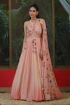 Buy_Amit Sachdeva_Peach Georgette Print Floral Halter Neck Bloom Pattern Drape Gown_at_Aza_Fashions