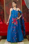 Buy_Amit Sachdeva_Blue Georgette Print Floral Asymmetric Neck Drape Sleeve Gown _at_Aza_Fashions