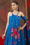 Amit Sachdeva_Blue Georgette Print Floral Asymmetric Neck Drape Sleeve Gown _Online_at_Aza_Fashions