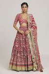 Buy_Simar Dugal_Red Embroidered Floral Patterns Plunge V Neck Bridal Lehenga Set _at_Aza_Fashions