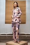 Buy_AMKA_Cream Silk Printed Abstract Notched Lapel Collar Noho Coat And Pant Set _at_Aza_Fashions