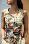 AMKA_Green Cotton Printed Floral V Neck Guldasta Waistcoat _Online_at_Aza_Fashions