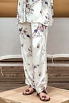 AMKA_White Silk Hand Painted Floral Spread Collar Shirt And Pant Set _Online_at_Aza_Fashions