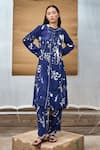 Buy_AMKA_Blue Silk Printed Floral Mandarin Collar Kurta And Pant Set _at_Aza_Fashions