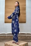 AMKA_Blue Silk Printed Floral Mandarin Collar Kurta And Pant Set _Online_at_Aza_Fashions