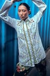 AMKA_White Cotton Hand Embroidered And Printed Bead Raintree Cut Work Shirt & Pant Set _at_Aza_Fashions