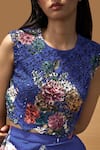 AMKA_Blue Cotton Printed And Embroidered Ikat Summer Bloom Neemli Cut Top & Pant Set_at_Aza_Fashions
