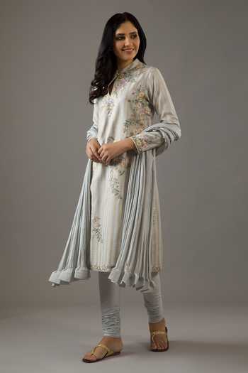 Buy_Balance by Rohit Bal_Blue Silk, Cotton, Embroidery Mandarin Floral Kurta Set _at_Aza_Fashions