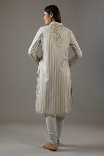 Shop_Balance by Rohit Bal_Blue Silk, Cotton, Embroidery Mandarin Floral Kurta Set _at_Aza_Fashions