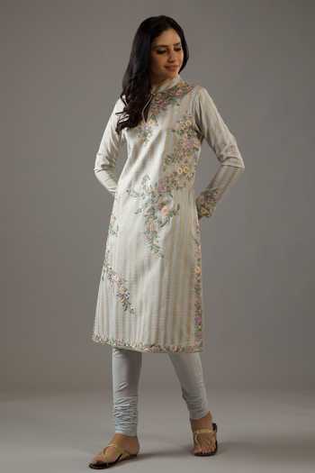 Buy_Balance by Rohit Bal_Blue Silk, Cotton, Embroidery Mandarin Floral Kurta Set _Online_at_Aza_Fashions