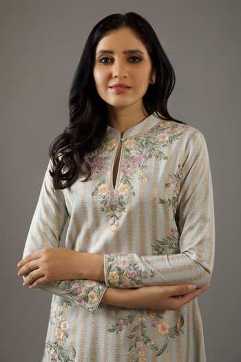 Shop_Balance by Rohit Bal_Blue Silk, Cotton, Embroidery Mandarin Floral Kurta Set _Online_at_Aza_Fashions