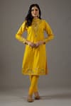 Balance By Rohit Bal_Yellow Chanderi Silk, Cotton, Chiffon Embroidery Mandarin Collar Hand Kurta Set _Online_at_Aza_Fashions