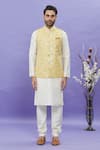 Buy_Aryavir Malhotra_Yellow Bundi Jacquard Banarasi Silk Mandarin Collar Sleeveless And Kurta Set _Online_at_Aza_Fashions