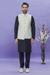 Arihant Rai Sinha_Blue Silk, Jacquard Embroidery Geometric Floral Bundi _Online_at_Aza_Fashions