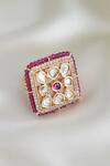 Shop_Swabhimann_Gold Plated Piping, Stones Handcrafted Kundan Polki Square Ring _at_Aza_Fashions