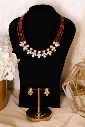 Shop_Ishhaara_Multi Color Beads, Diamonds Scarlet Beaded Polki Necklace Set _at_Aza_Fashions