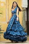 Buy_Pasha India_Blue Organza And Cotton Rayon Floral Pre-draped Ruffle Saree With Blouse _at_Aza_Fashions