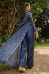 Shop_Pasha India_Blue Organza And Cotton Rayon Floral Square Twilight Embroidered Cape Pant Set _at_Aza_Fashions