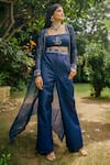 Pasha India_Blue Organza And Cotton Rayon Floral Square Twilight Embroidered Cape Pant Set _Online_at_Aza_Fashions