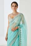 Sureena Chowdhri_Blue Blouse And Saree Organza Embellished Sequin Leaf Neck Border With_Online_at_Aza_Fashions