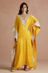 Buy_Sureena Chowdhri_Yellow Kaftan Pure Muslin Embroidered Floral V Neck Gota  _at_Aza_Fashions